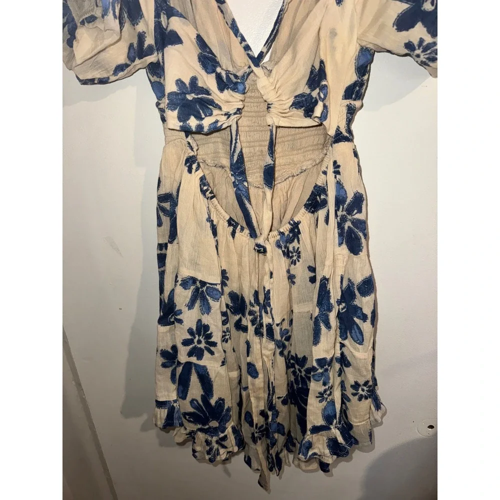 Free People Perfect Day Mini Dress Blue Floral Smocked Puff Sleeve Small